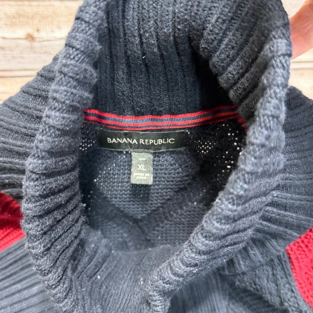 Banana Republic Full Zip Sweater Men XL Tall Navy Blue Red Cable Knit Colorblock